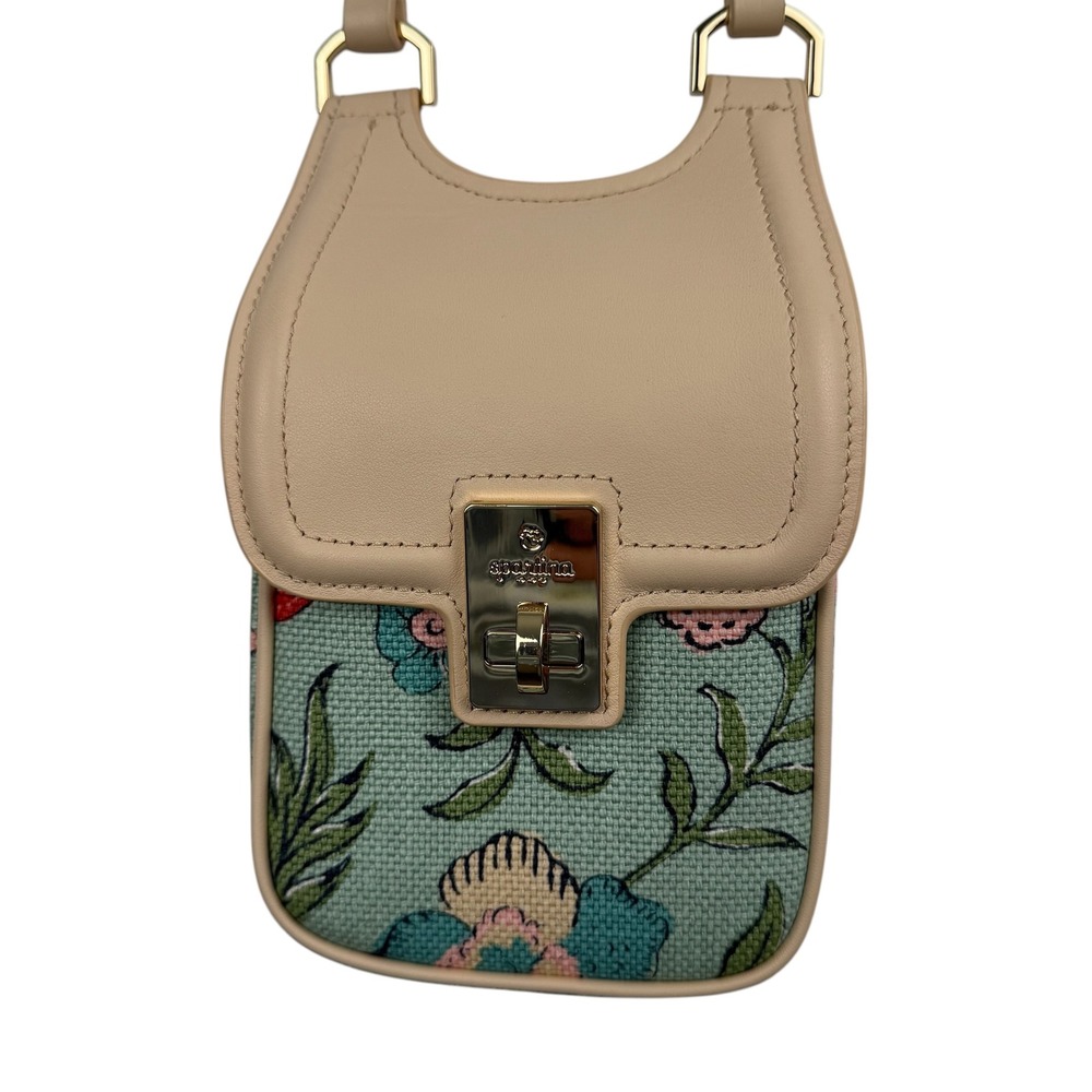 Spartina 449 Seafoam Green Phone Crossbody Floral Linen Leather Turnlock Bag